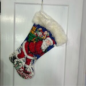 Vintage Extra Large Santa Christmas Stocking with White faux fur trim quilted